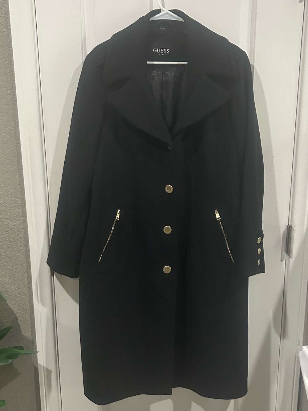 GUESS Black Trench Coat with Removable Faux Fur Collar and Gold Hardware
